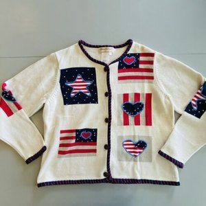 Norm Thompson Cardigan Sweater Large Cotton Flag Stars and Stripes USA Patriotic